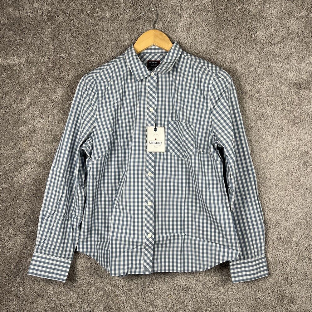 Untuckit Shirt Womens 10 Crispo Blue Checker Button Up Pocket Long Sleeve Top